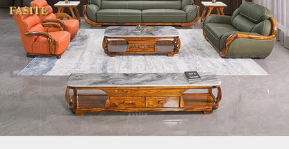 Ebony leather sofa first layer cowhide new Chinese high-end villa living room large apartment solid wood