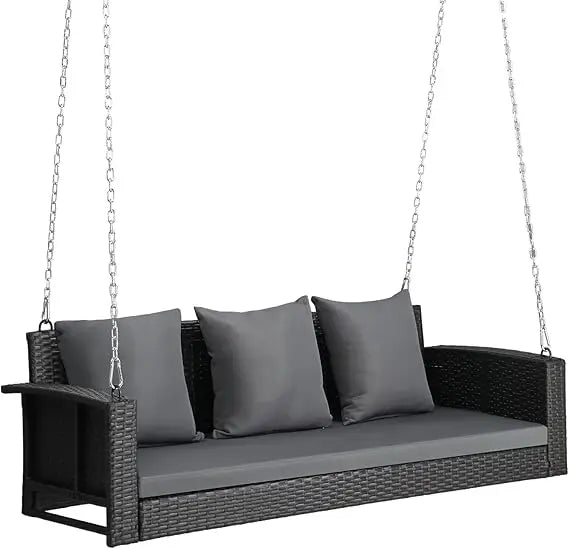5FT Wicker Outdoor Porch Swing for Adults, 3-Person Patio Swing with Cushion, Pillows, and Chains