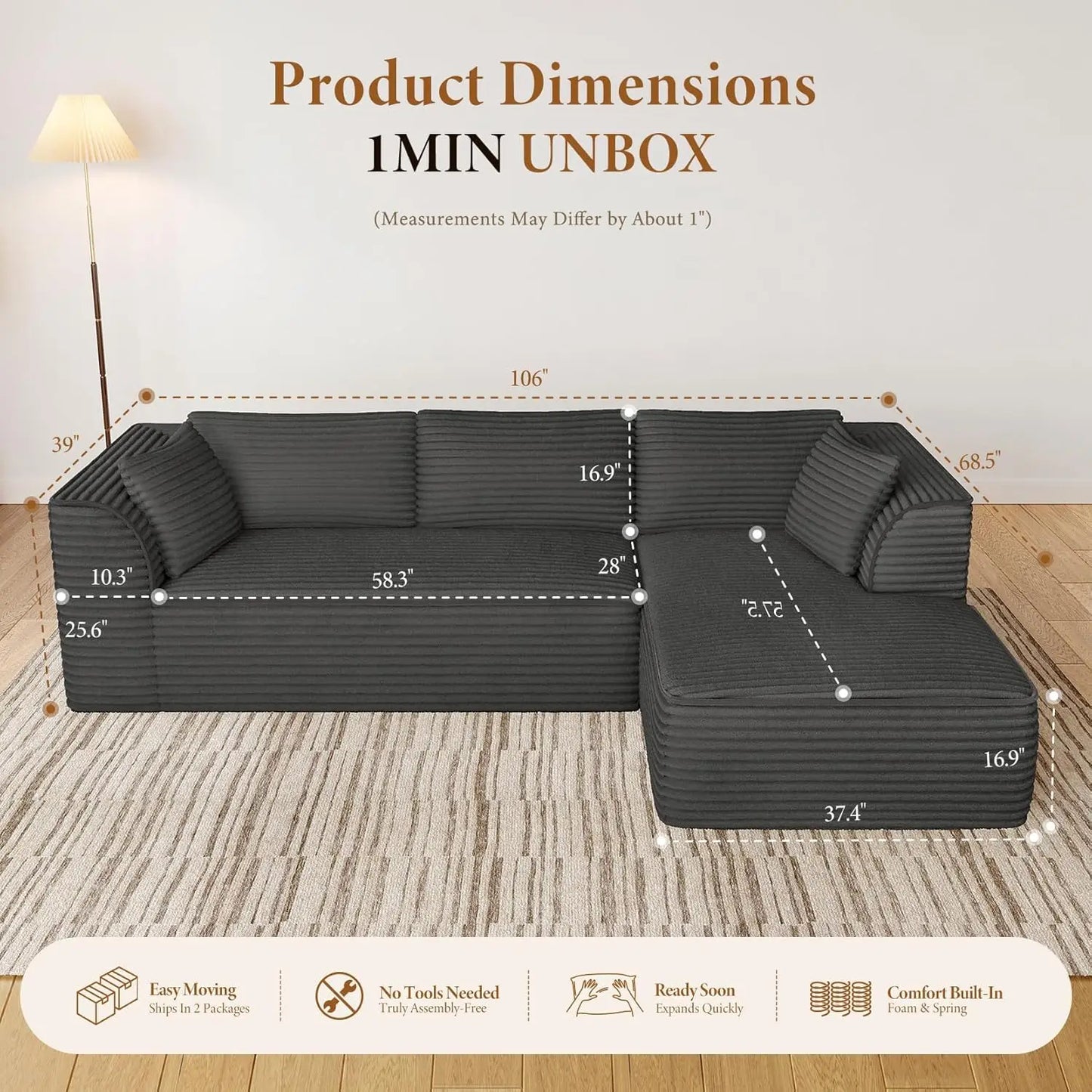106" Cloud Couch with Chaise, Deep Seat Fluffy Modular Sectional Sofa Corduroy Memory Foam Boneless Couches for Living Room