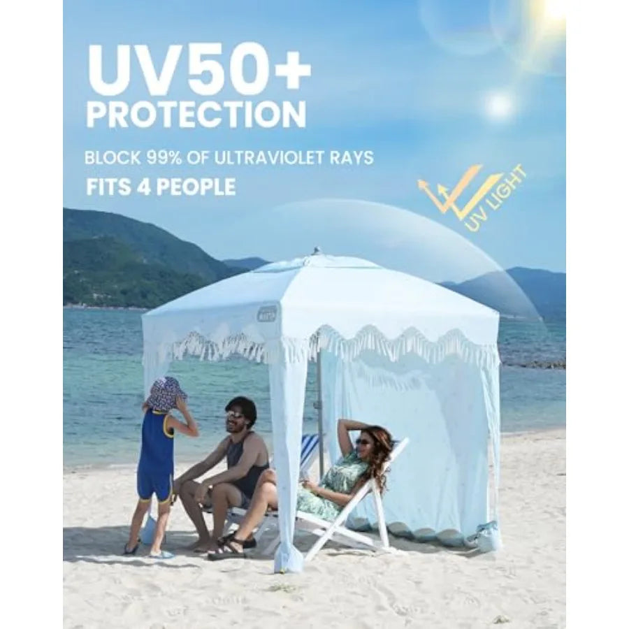 Beach Cabana with Fringes Portable 6' x 6' Beach Canopy for Sand Easy Set Up Beach Shelter Included Side Wall UPF 50+ UV Protec