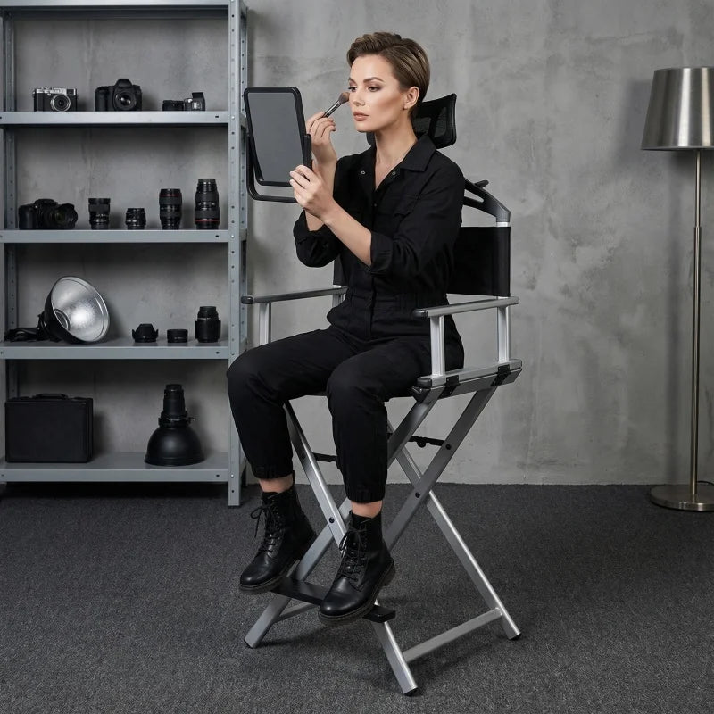 Modern Portable Aluminum Director Chair with Headrest - Portable Makeup Artist/Manager Folding Chair for Better Rest