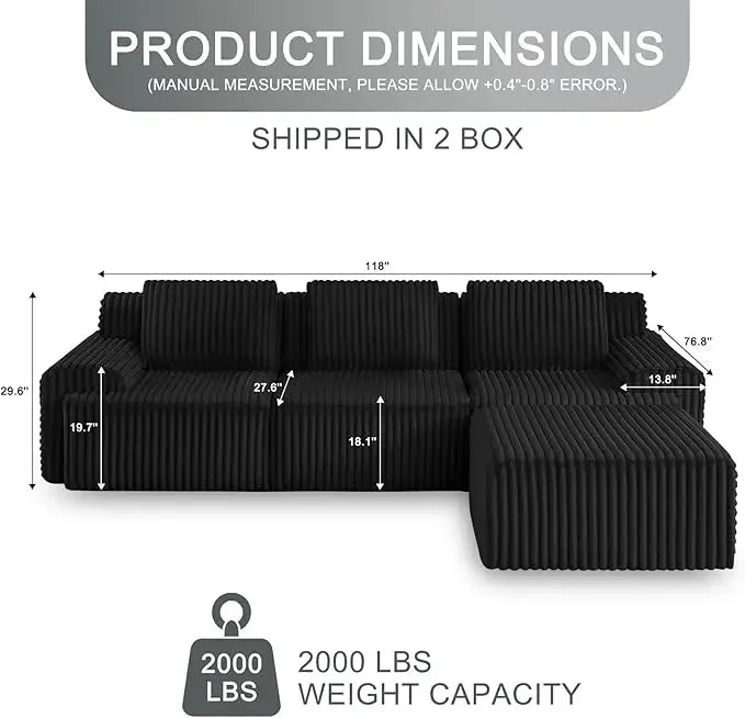 Boneless Luxury Couches for Living Room – Modular Sectional with Plush Corduroy Upholstery, Convertible Oversized No Assembly