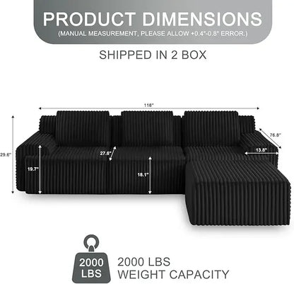 Boneless Luxury Couches for Living Room – Modular Sectional with Plush Corduroy Upholstery, Convertible Oversized No Assembly