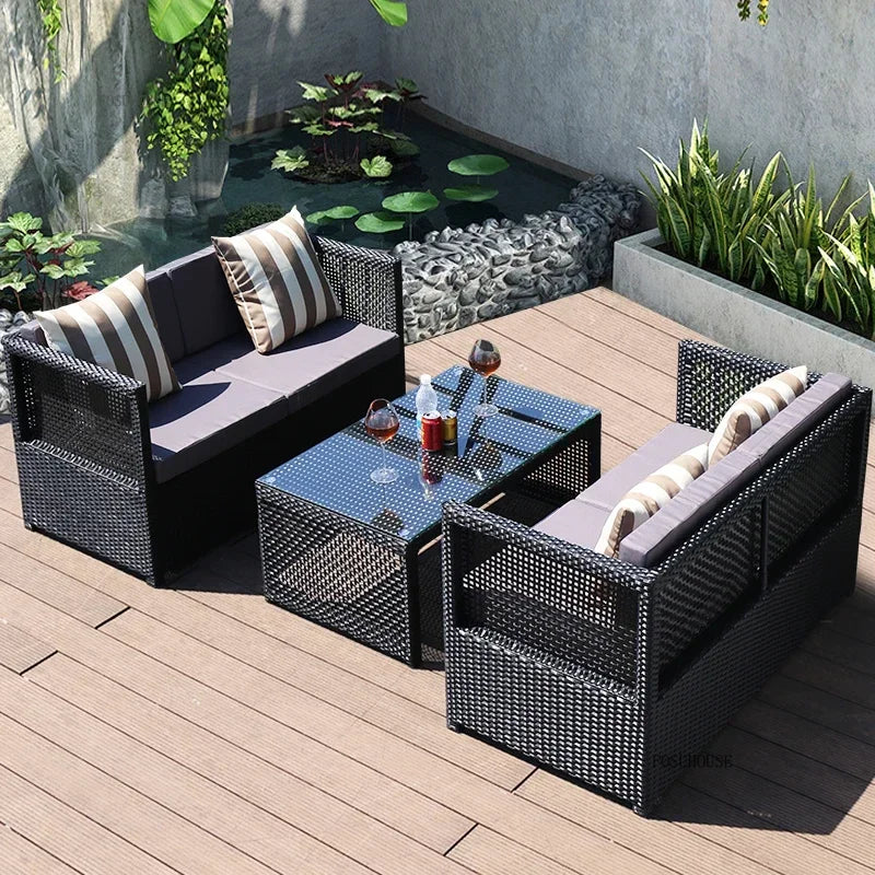 Nordic Outdoor Sofas Courtyard Villa Sun Room PE Rattan Chairs Single Double Terrace Sofa Waterproof Sunscreen Outdoor Furniture