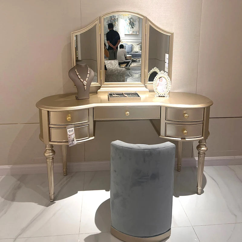Luxury Custom Solid Wood Dressing Table With Extendable Vanity Desk & Mirror European & American Style