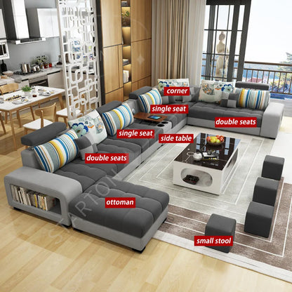 Light Luxury L-Shaped Sofa Set Living Room Furniture High Quality Big Sofa Set Modern Design Wooden Multifunctional Sofa
