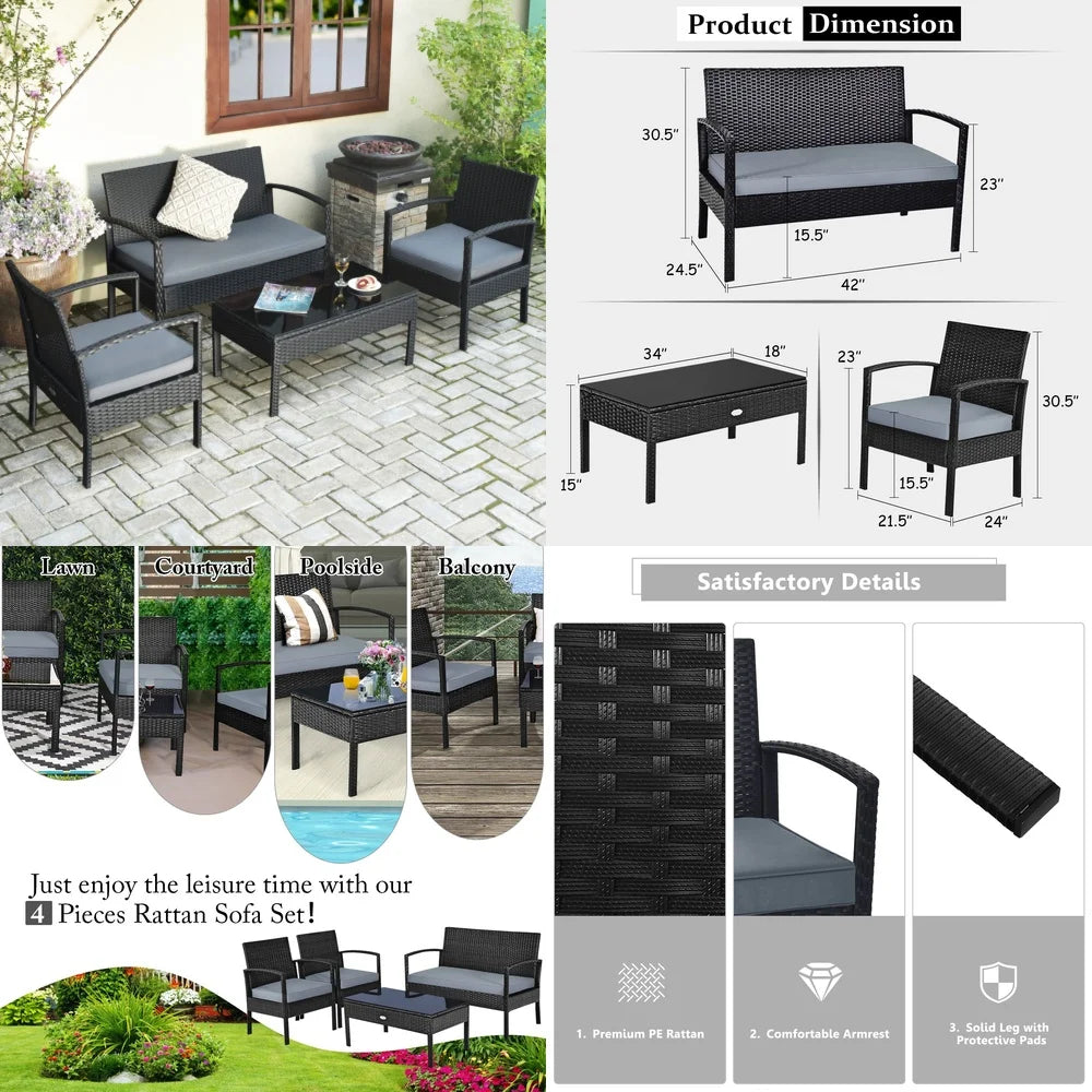 Garden Furniture Sets4 Piece Outdoor Rattan Furniture Set with Cushions Sofa and Coffee Table for Garden Patio Deck
