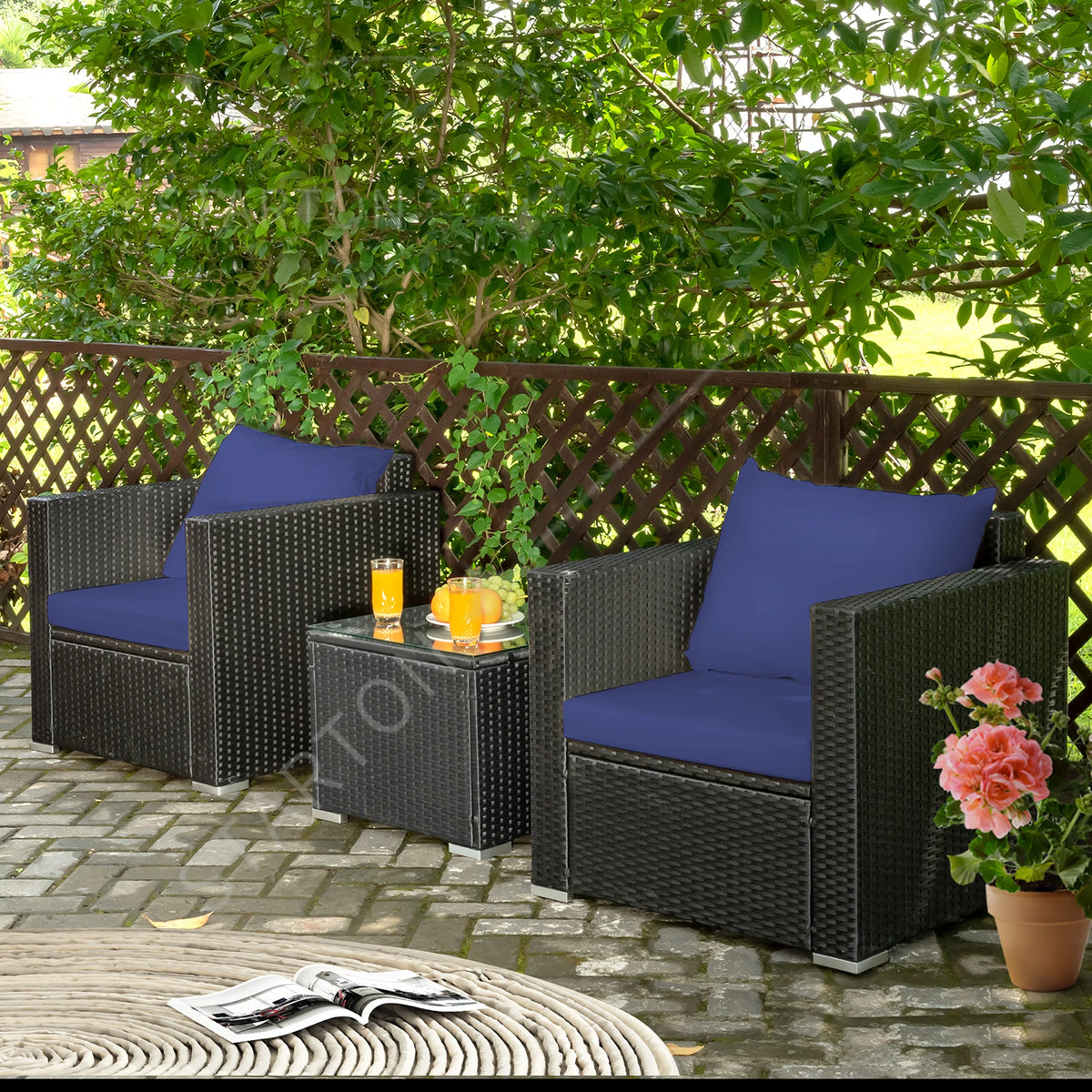 Latest Arrival 3PCS Patio Rattan Wicker Furniture Set Sofa Table W/Cushion Yard Navy