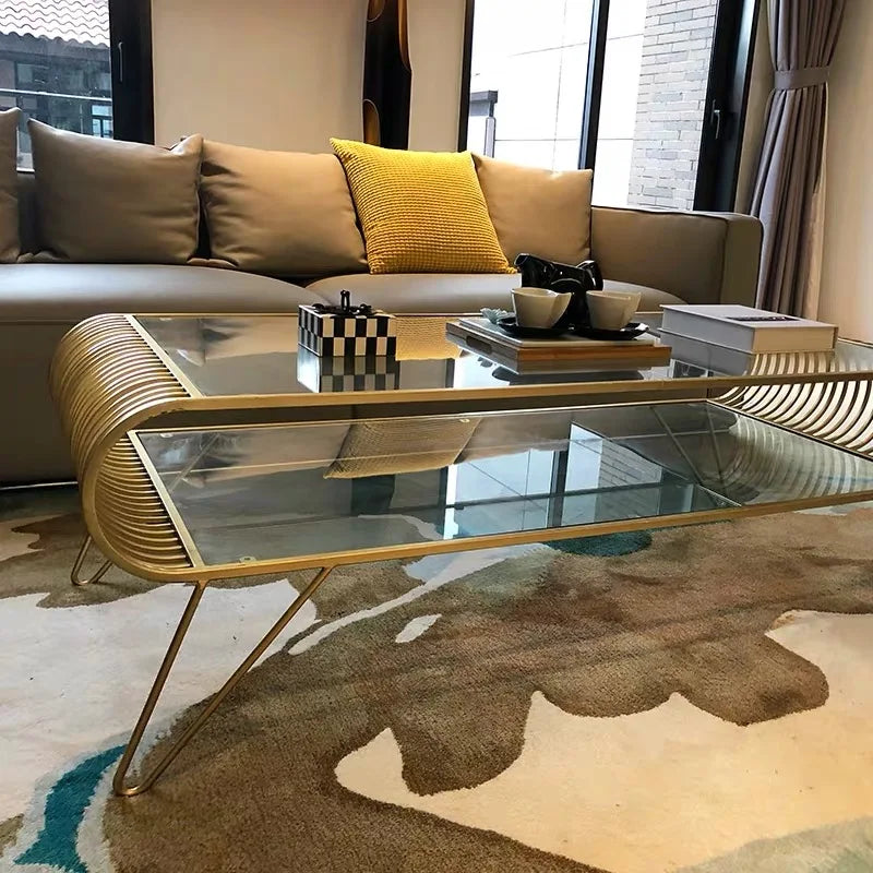 Modern Nordic Living Room Wrought Iron Rectangular Coffee Table Glass Coffee Table Set