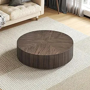 Round Coffee Table, Modern Black Side Table End Table for Living Room, Wood Circle Drum Coffee Table with Handcrafted Relief, Co