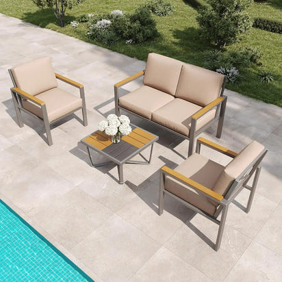 5-Piece Modern Patio Furniture Set with Fire Pit Table, Metal Outdoor Sectional with Cushions & Wood-Like Armrests, Cozy Con