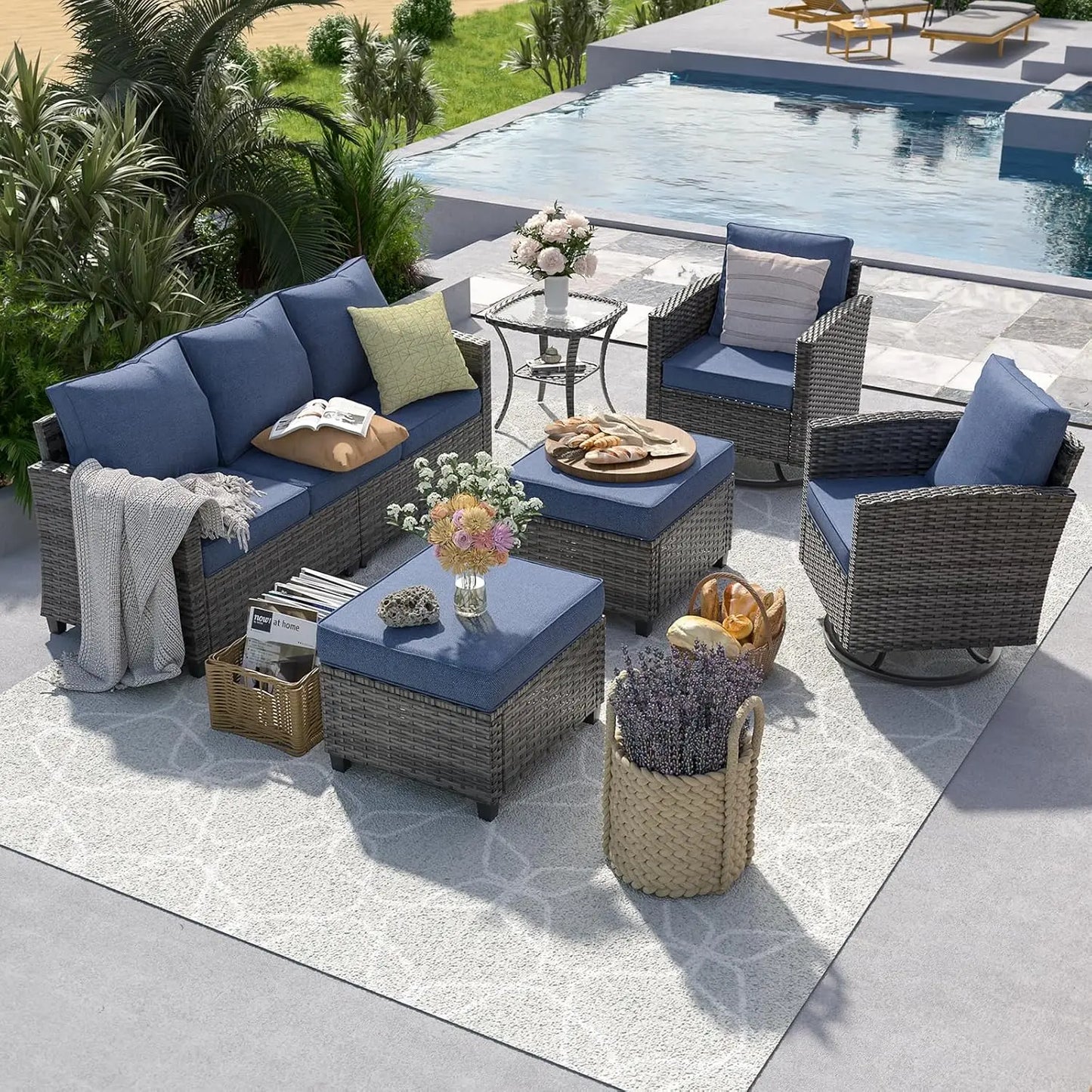 Patio Furniture Set, 6 Pieces Outdoor Sectional Couch with Swivel Rocking Chair, Gray Wicker Rattan Sofa with Side, Customized