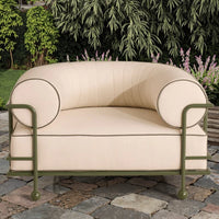 Modern aluminium garden armchair with flexible seating and natural woven chair for outdoor furniture