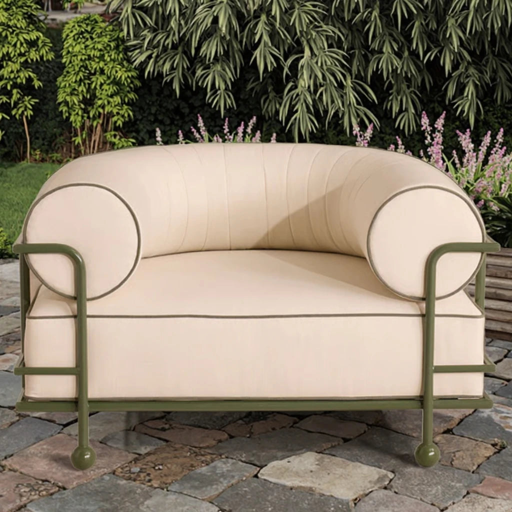 Modern aluminium garden armchair with flexible seating and natural woven chair for outdoor furniture