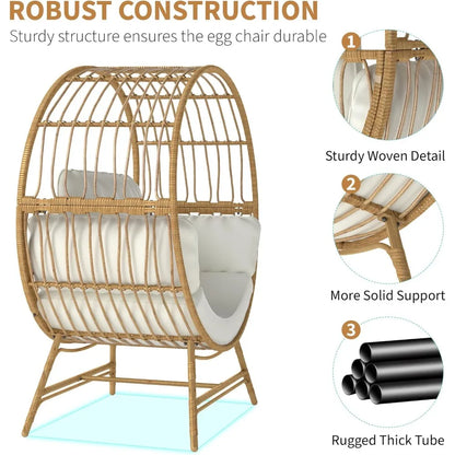 Luxury Oversized Rattan Egg Chair for Indoor and Outdoor Use, Durable Wicker Lounge Chair with Thick Cushion, Supporting Up to 3