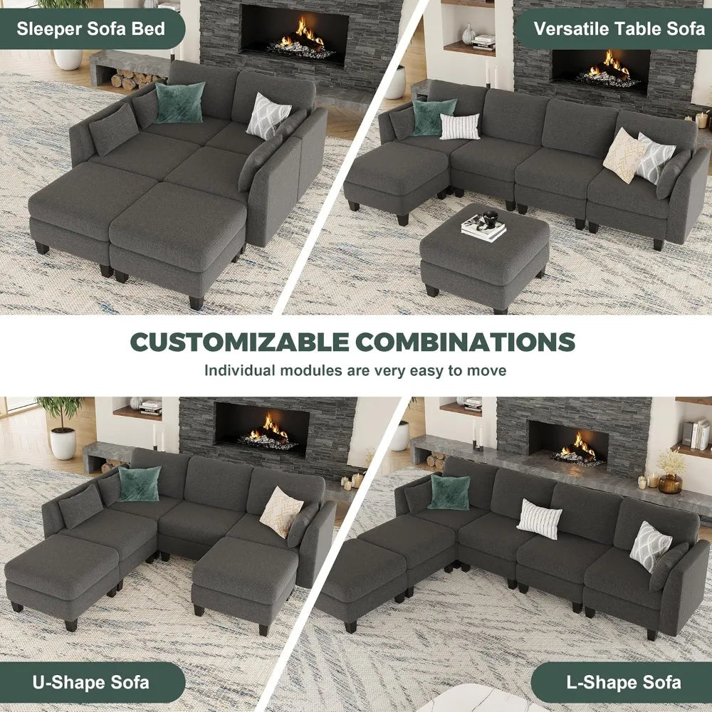 Modular Sectional Sofa, 6 Seaters Modular Sleeper Sofa Couch, Comfy Sectionals Couches Bed, Convertible Sofas with Ottomans