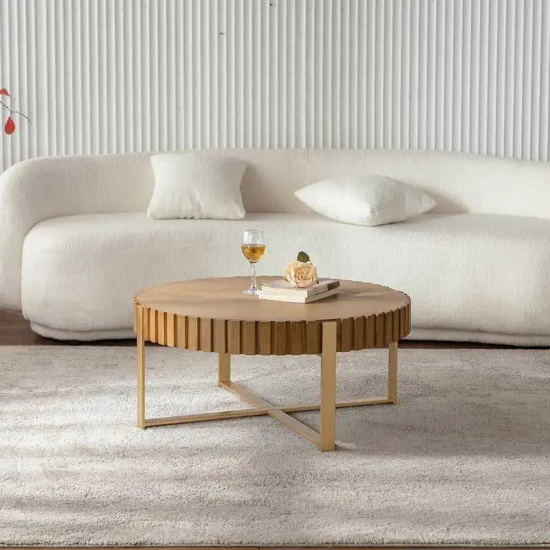 Round Two-Ply Coffee Table, Handcrafted Relief Design, Sturdy Pedestal, Olive-Shaped, Wooden Tea Table for Living Room, Modern