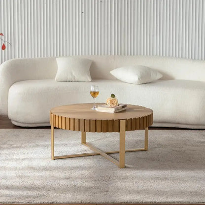 Round Two-Ply Coffee Table, Handcrafted Relief Design, Sturdy Pedestal, Olive-Shaped, Wooden Tea Table for Living Room, Modern