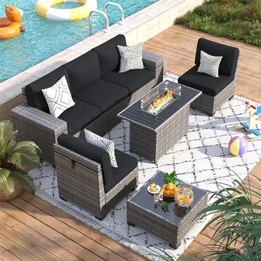 7 Piece Outdoor Patio Furniture Set with Fire Pit Table Sectional Conversation Sofa Cocktail Table Waterproof Cover Grey/Black