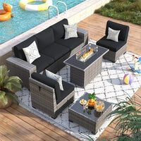 7 Piece Outdoor Patio Furniture Set with Fire Pit Table Sectional Conversation Sofa Cocktail Table Waterproof Cover Grey/Black