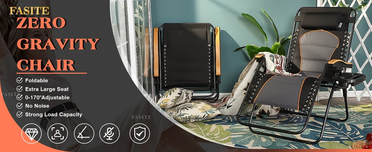 Padded Zero Gravity Lounge Chair Folding Patio Recliner with Adjustable Headrest & Cup Holder, Support 350 LBS (Grey)