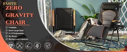 Padded Zero Gravity Lounge Chair Folding Patio Recliner with Adjustable Headrest & Cup Holder, Support 350 LBS (Grey)