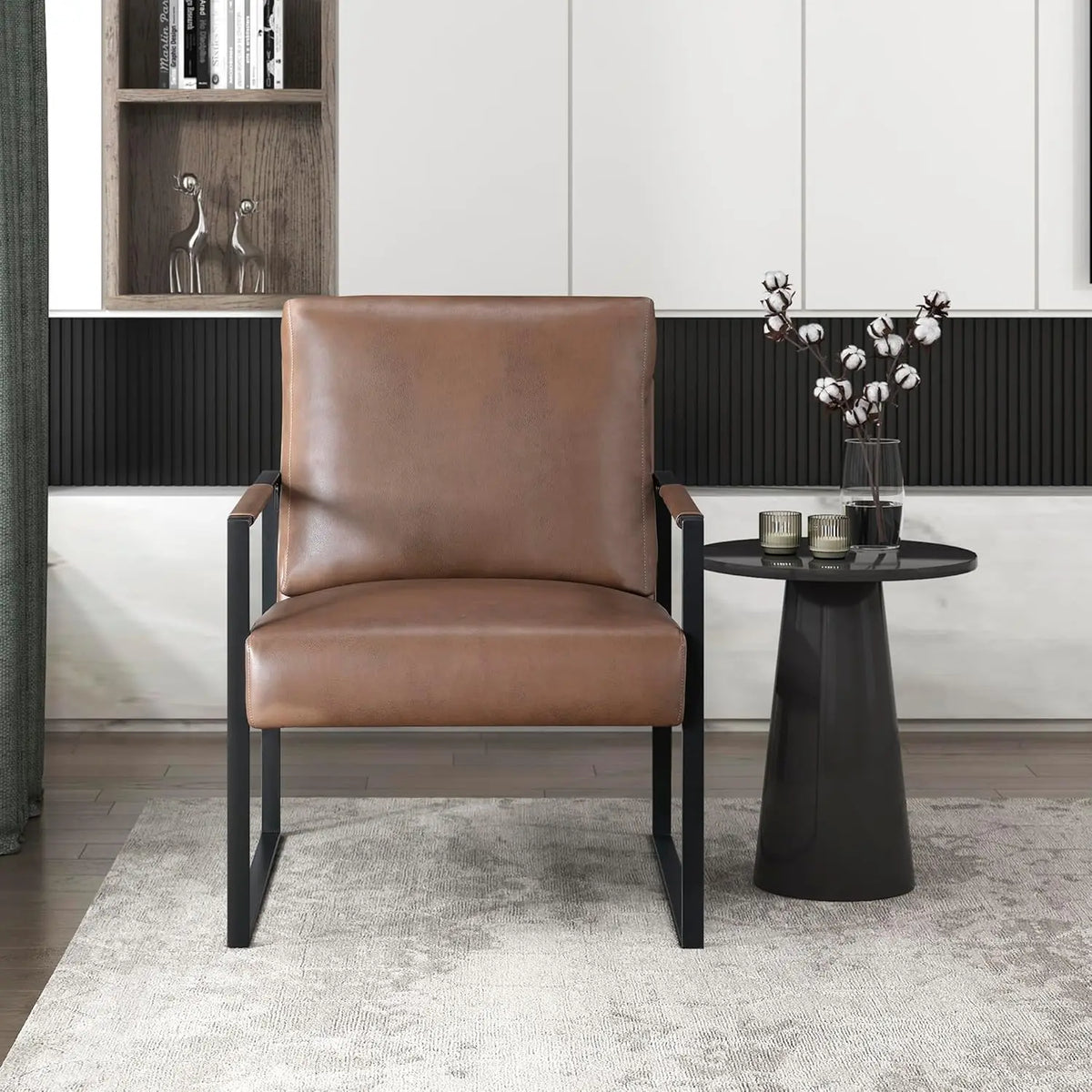 Modern Accent Chair, Faux Leather Upholstered Living Room Chair with Wrapped Armrests, Arm Chair with Black Metal Frame,