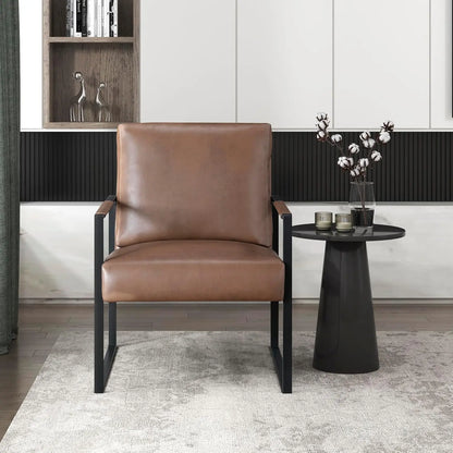 Modern Accent Chair, Faux Leather Upholstered Living Room Chair with Wrapped Armrests, Arm Chair with Black Metal Frame,