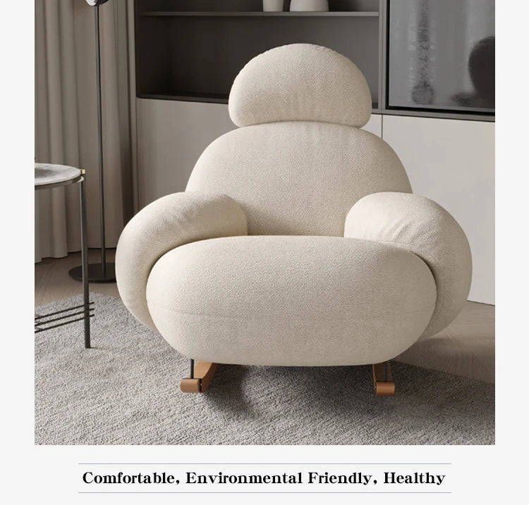 Modern Rocking Leisure Chair White Fabric Sofa Chair Soft Living Room Chair With Footstool Set Lounge Armchair