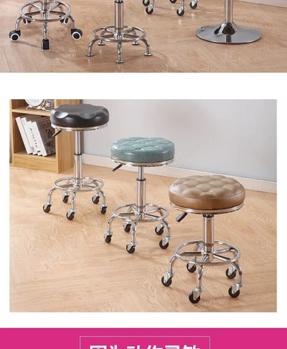 Black PU Leather Rolling Stool Round Swivel Stool with Wheels Height-Adjustable Seat for Salon Tattoo or Office Use