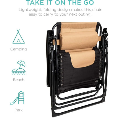 Oversized Padded Zero Gravity Chair, Folding Outdoor Patio Recliner, XL Anti Gravity Lounger for Backyard w/Headrest, Cup Holder