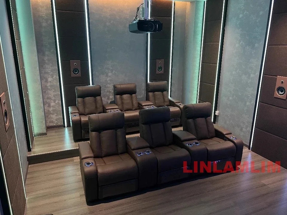 Linlimlam Luxury Genuine Leather Electric Recliners Cinema Chairs with Cup Holder, LED Light – Home Theater Power Reclining Sofa