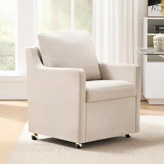 Linen Dining Chair with Casters Modern Storage Seat Design for Relaxing Upholstered Arm Chair, Single Sofa Chair
