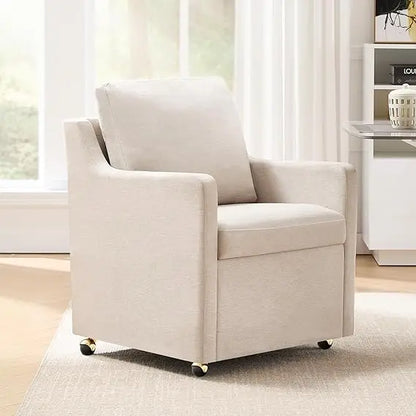 Linen Dining Chair with Casters Modern Storage Seat Design for Relaxing Upholstered Arm Chair, Single Sofa Chair