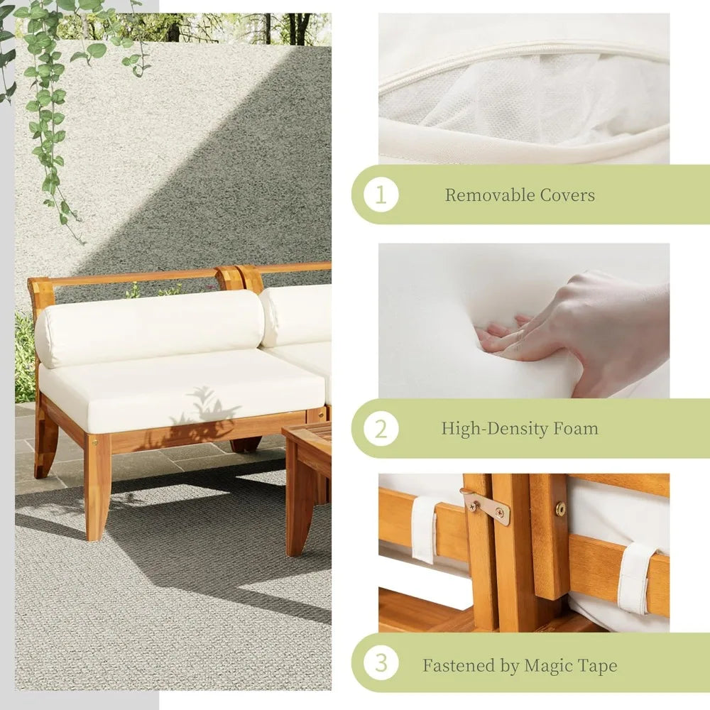 Outdoor L-Shaped Sectional Set with Coffee Table, 6-Piece Acacia Wood Patio Furniture for Backyard, Garden