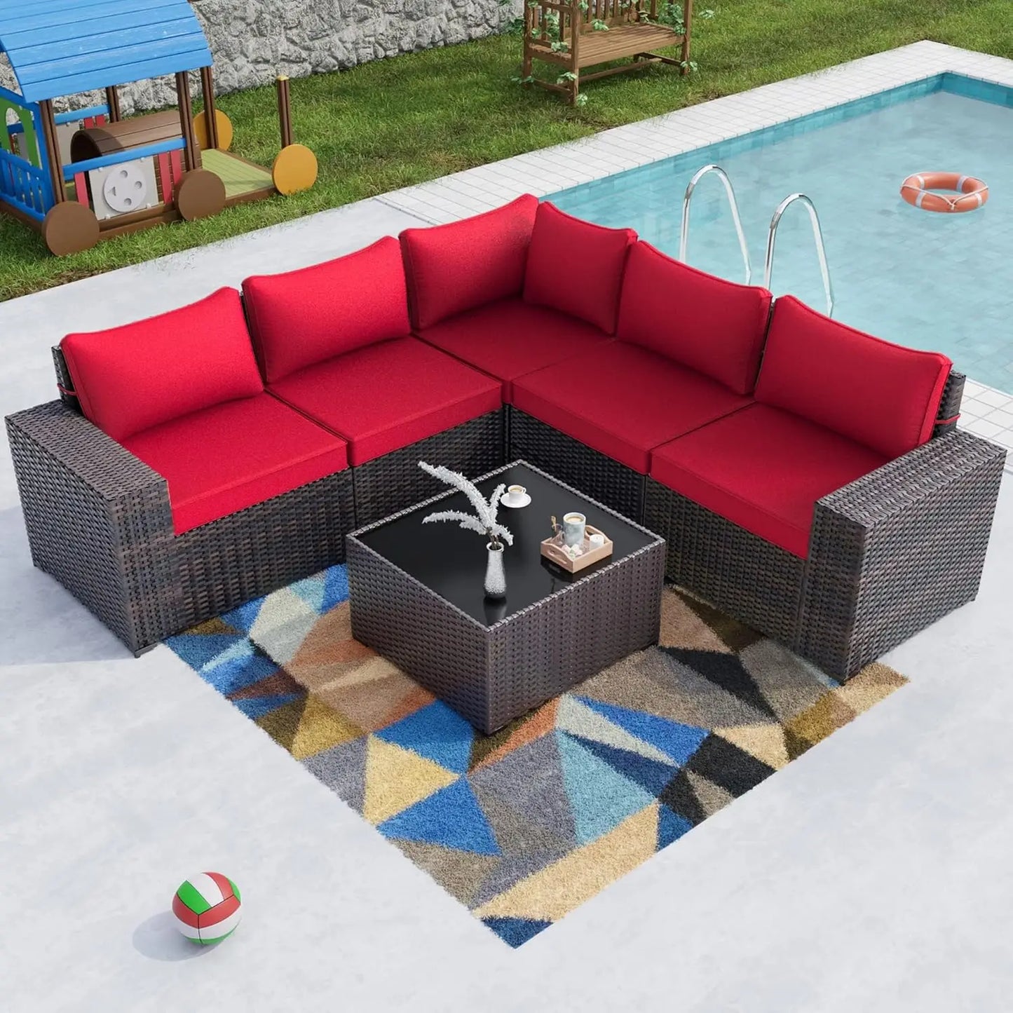 6PCS Outdoor Patio Furniture Set PE Wicker Rattan Sectional Sofa Patio Conversation Sets, Customized