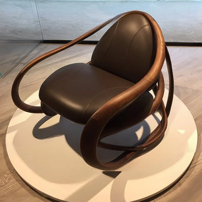 Designer Rocking Chair Solid Wood Balcony Home Living Room Casual Napa Leather Sofa Chair