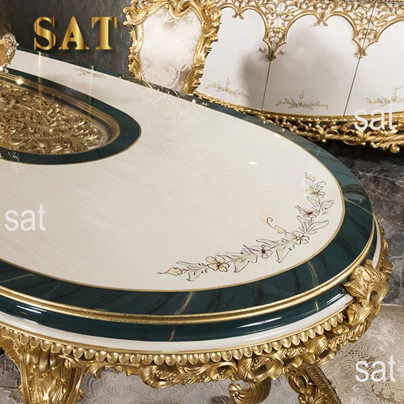 Upscale Royal Luxury Restaurant Furniture Set Custom Classical Wooden Gold Leaf Dining Table