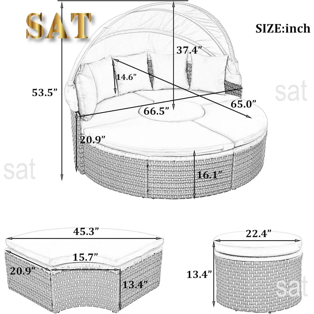 %a Patio Rattan Sunbed with Retractable Canopy, Round Outdoor Sectional Sofa Set with Separate Seating,liftable Table and Remov