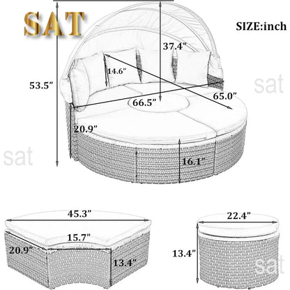 %a Patio Rattan Sunbed with Retractable Canopy, Round Outdoor Sectional Sofa Set with Separate Seating,liftable Table and Remov