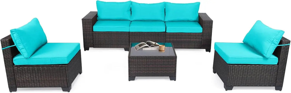 4 Pieces Patio Rattan Furniture Set, Outdoor Wicker Sofa Set with Tempered Glass Coffee Table, Cushions, All Weather Rattan Con