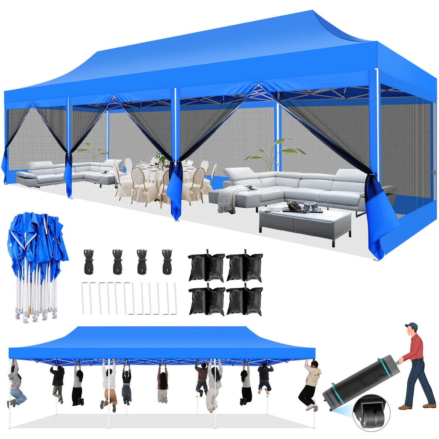 10x30FT Canopy Tent with 8 Sidewalls,Heavy Duty Pop up Canopy Party Tent with Mosquito Netting,Easy up Screen Canopy for Parties