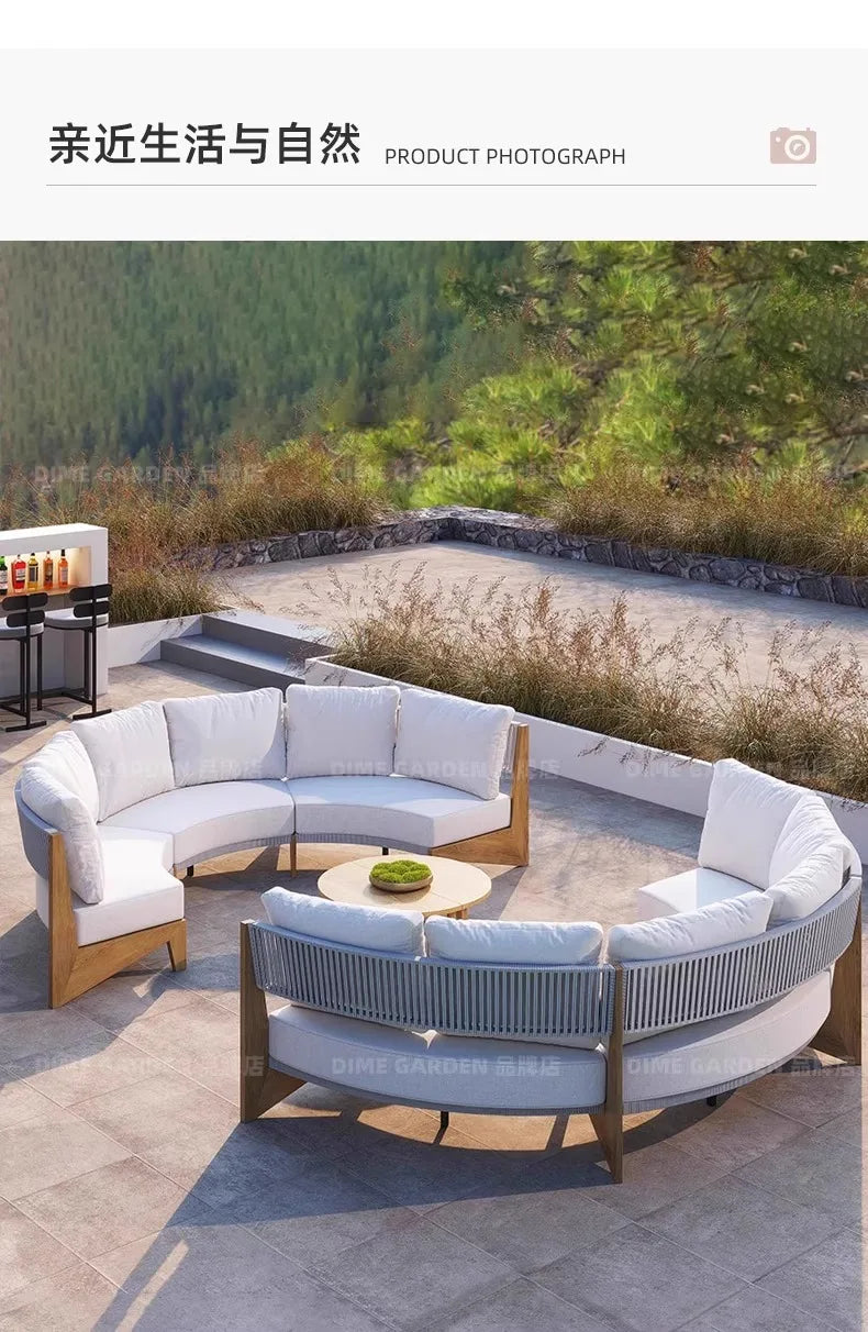Outdoor circular sofa, rattan woven outdoor courtyard garden, villa restaurant, outdoor booth, anti-corrosion teak furniture