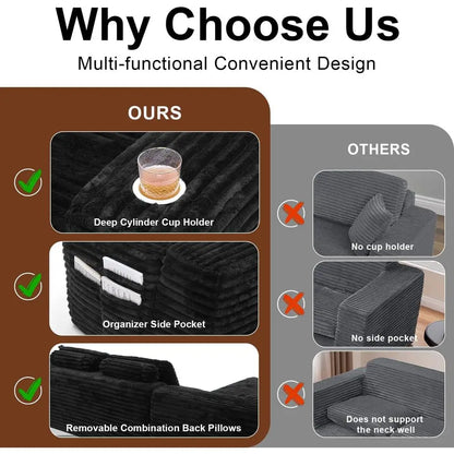 Modern L-Shape Sectional Sofa with Chaise, Deep Seating, Cup Holders & Storage, Ready to Use in Black (Right Chaise)