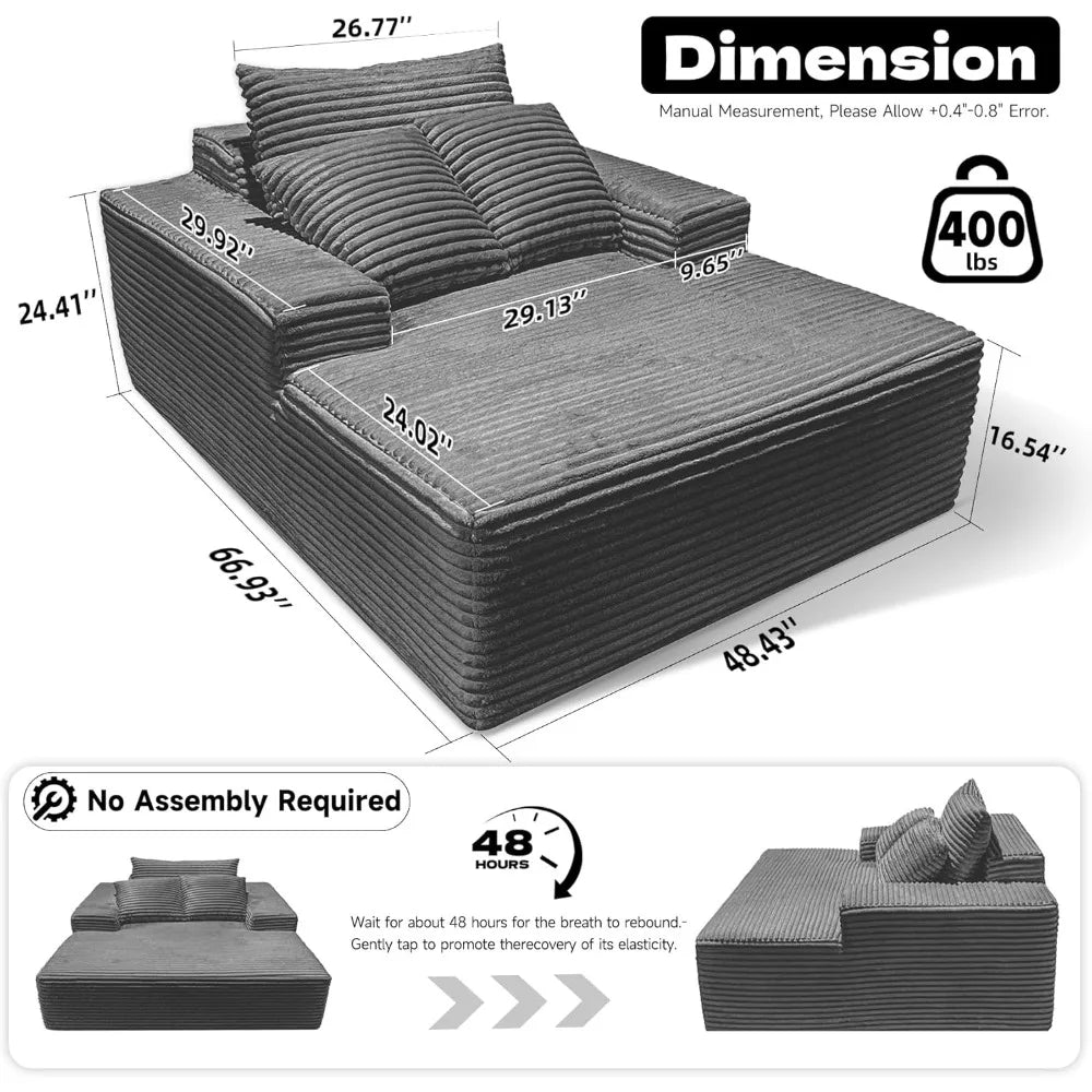68'' chaise lounge chair indoor, gray corduroy boneless couch,reading cloud couches for bedroom living room fluffy oversized sof