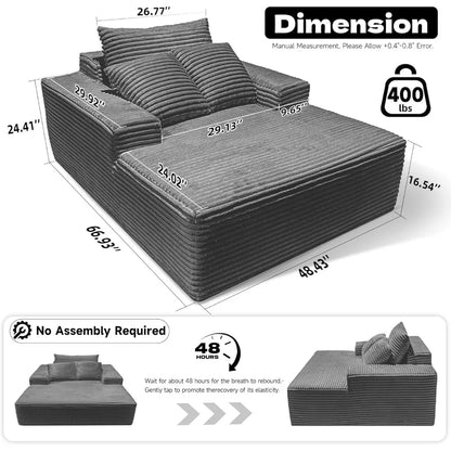 68'' chaise lounge chair indoor, gray corduroy boneless couch,reading cloud couches for bedroom living room fluffy oversized sof