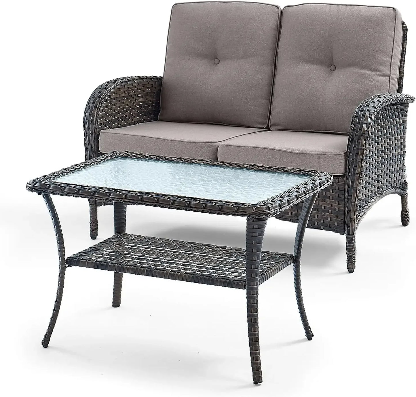 Outdoor Loveseat Sofa 2-Seat PE Wicker Outdoor Couch with Coffee Table,Deep Seat High Back Outdoor Patio Furniture for Patio