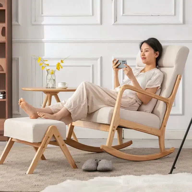 Wooden Rocking Chair Lounge Chair High Backrest Rocking Armchair Accent Chair with Lumber Pillow