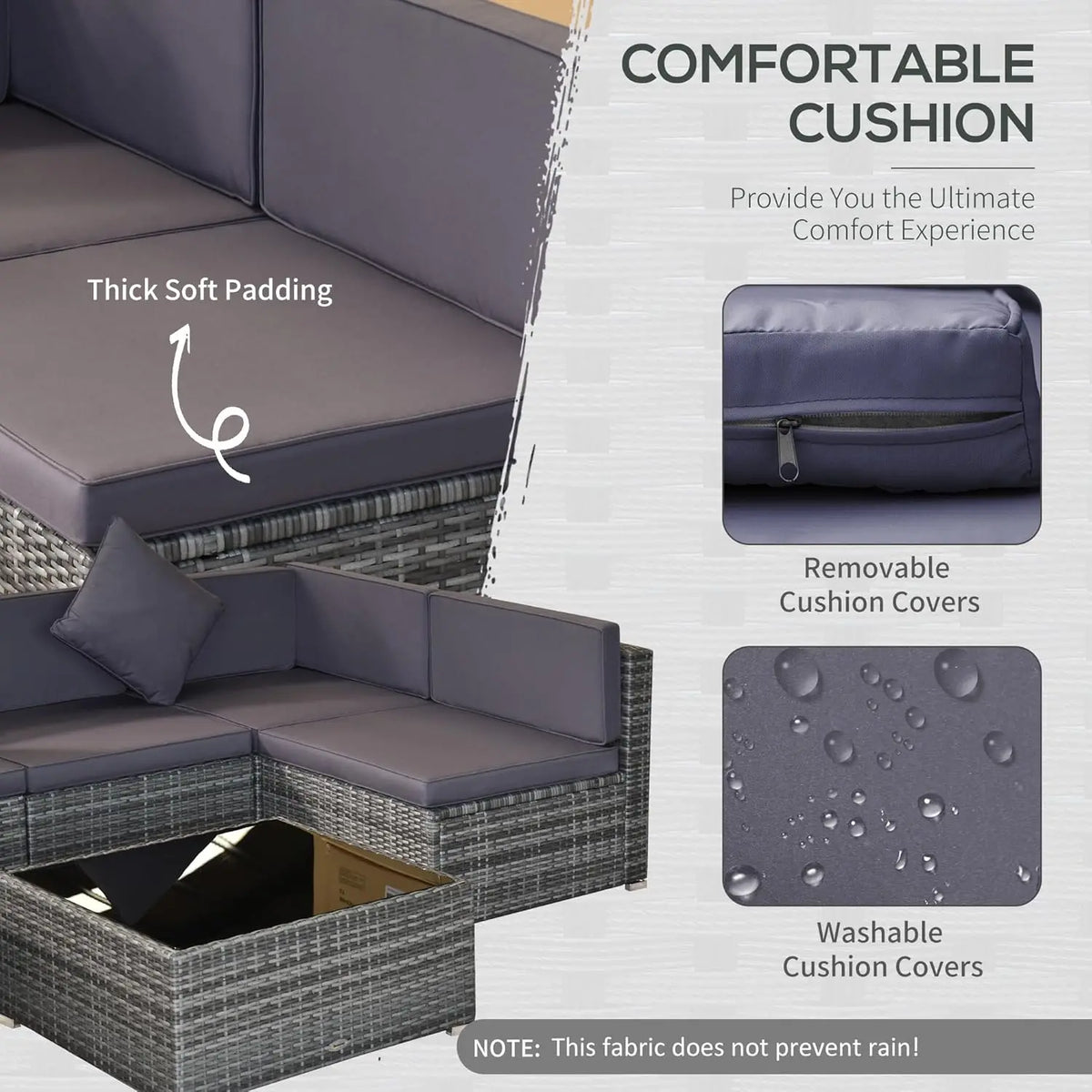 7pc PE Rattan Sectional Sofa All Weather Cushions Tempered Glass Tabletop Outdoor Patio Grey, Customized