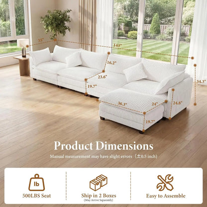 143" L-Shaped Modular Corduroy Sectional Sofa for Living Room